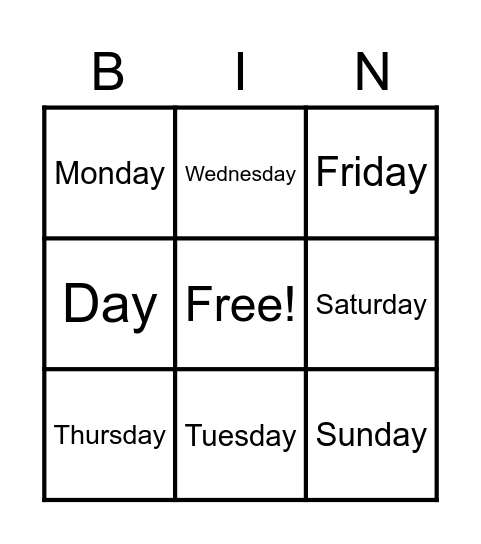 Days Of the Week Bingo Card