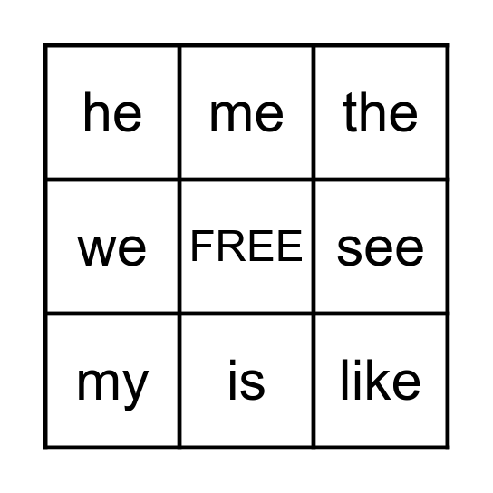Snap Word Bingo Card