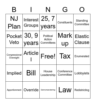 Legislative Branch Bingo Card