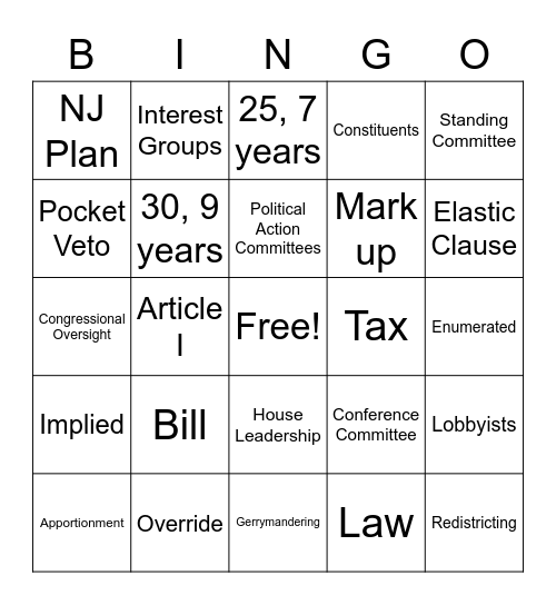 Legislative Branch Bingo Card