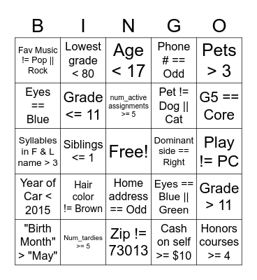 Boolean Bingo Card