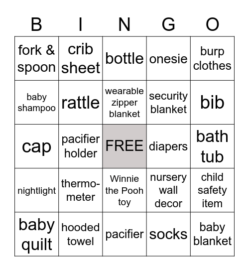 Baby Shower Gifts Bingo Card