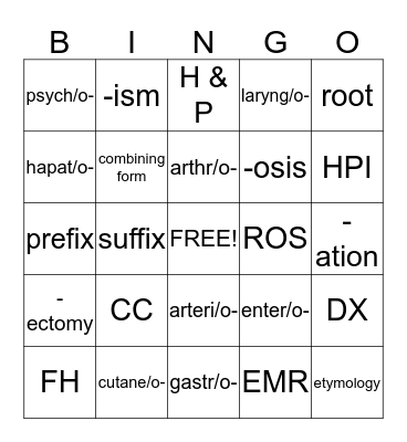 Medical Terminology - Chapter 1 Week 1 Bingo Card
