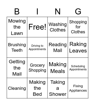 Independent Living Skills Bingo Card