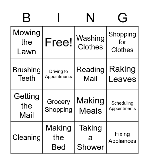 Independent Living Skills Bingo Card