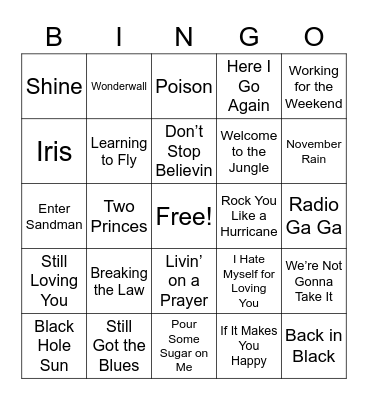 Rock and Roll Bingo Card
