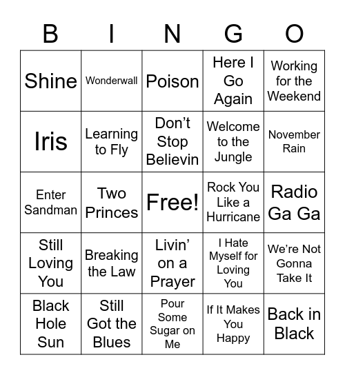 Rock and Roll Bingo Card