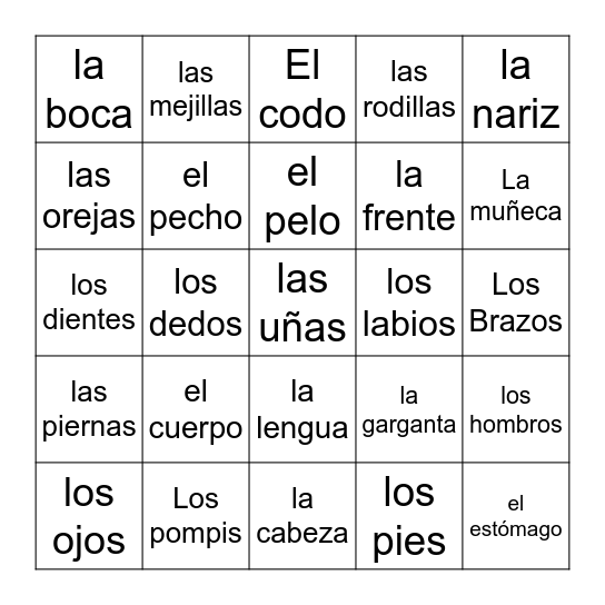 El Cuerpo en Español Bingo Card