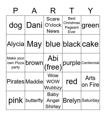 Abi's 8th Birthday Bingo Card