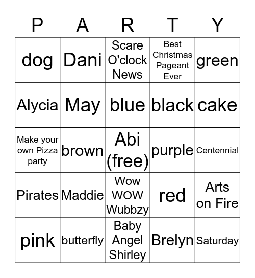 Abi's 8th Birthday Bingo Card