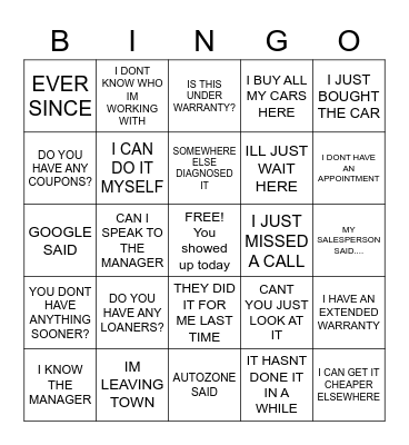 Service Bingo Card