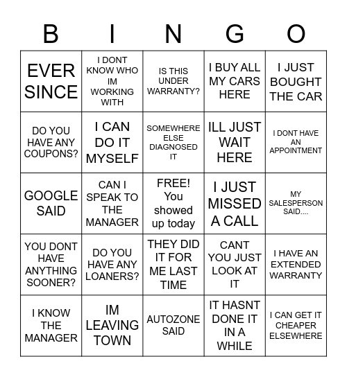 Service Bingo Card