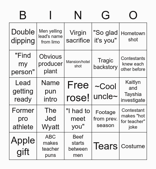 Bachelorette Bingo Card