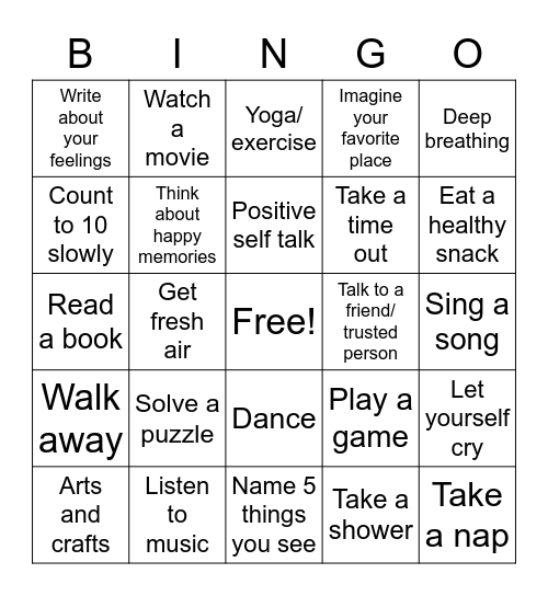 Coping Skills Bingo Card