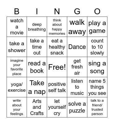 Coping Skills Bingo Card