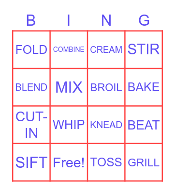 Mixing  and Cooking Terms Bingo Card