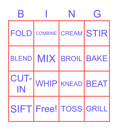 Mixing  and Cooking Terms Bingo Card