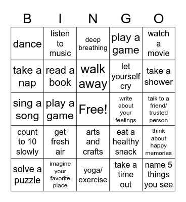 Coping Skills Bingo Card