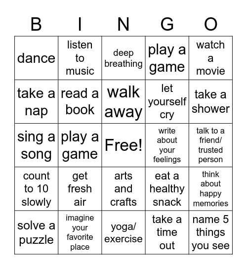 Coping Skills Bingo Card