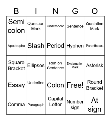 Capitalization/Punctuation Bingo Card