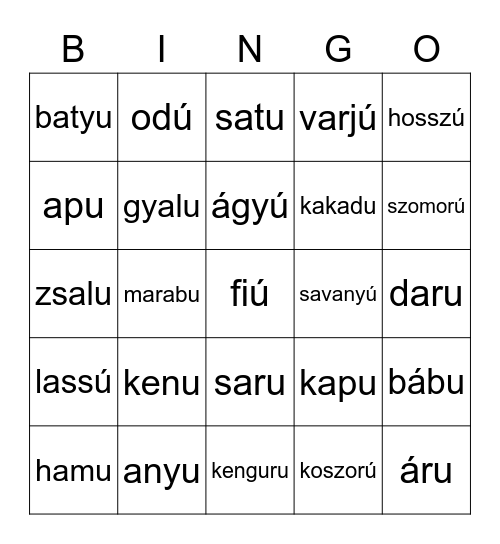 u ú Bingo Card