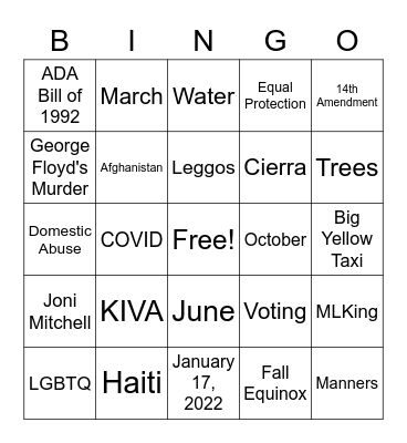 Jabbers October 25, 2021 Bingo Card
