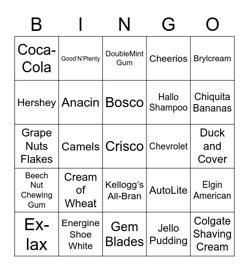 Classic Commercial Bingo Card