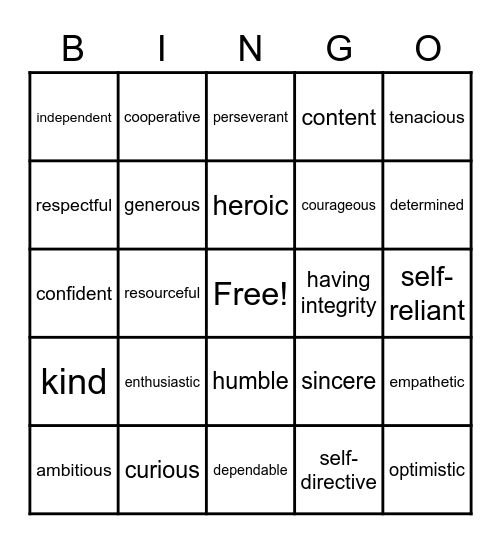 + Positive Character Traits + Bingo Card