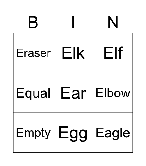 Letter E Practice Bingo Card
