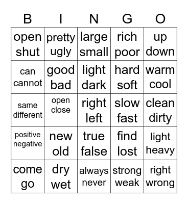 Opposites Bingo Card
