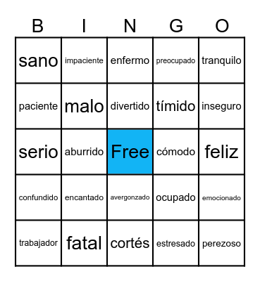 Spanish Vocabulary Bingo Card