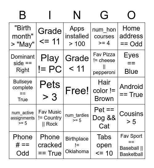 Boolean Bingo Card