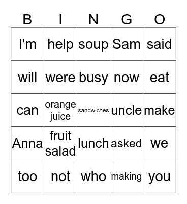 Making Lunch Bingo Card