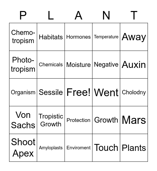 Plant Tropisms Bingo Card