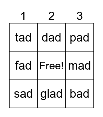 ad family bingo Card