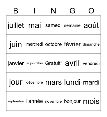 Jours de la Semaine et Mois de L'Année Bingo Card