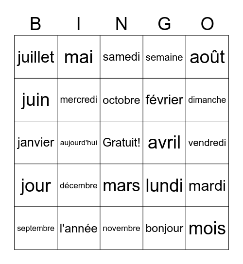 Jours de la Semaine et Mois de L'Année Bingo Card