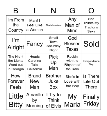 Singo Country Bingo Card