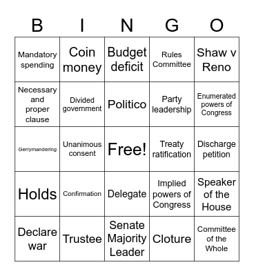 Unit 2 Congress 2.1-2.3 Bingo Card