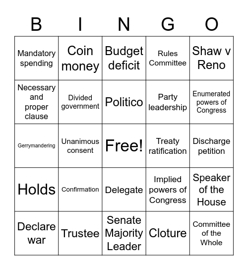 Unit 2 Congress 2.1-2.3 Bingo Card