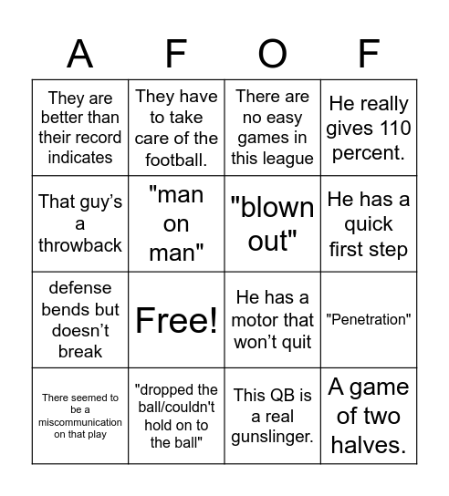 AFOF Thursday Night Football Bingo Card