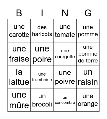 les légumes et les fruits Bingo Card