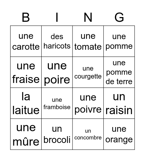 les légumes et les fruits Bingo Card