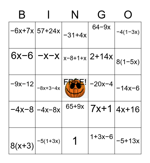 Equivalent Expressions Bingo Card