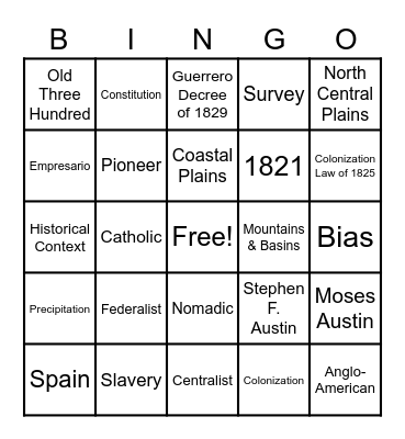 Mexican National Era Bingo Card