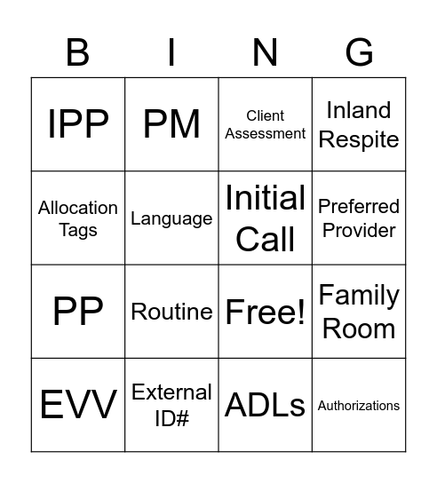 Inland Respite, Inc. (RS Dept.) Bingo Card