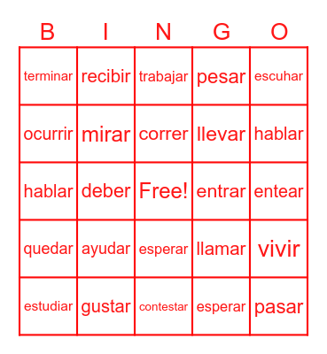 Present Tense Verbs Bingo Card