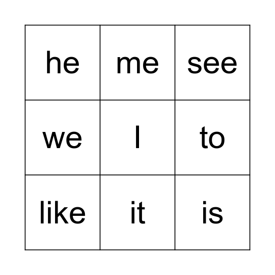 Snap Word Bingo Card