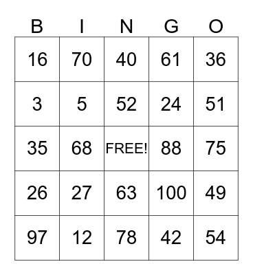 NUMBER  BINGO Card
