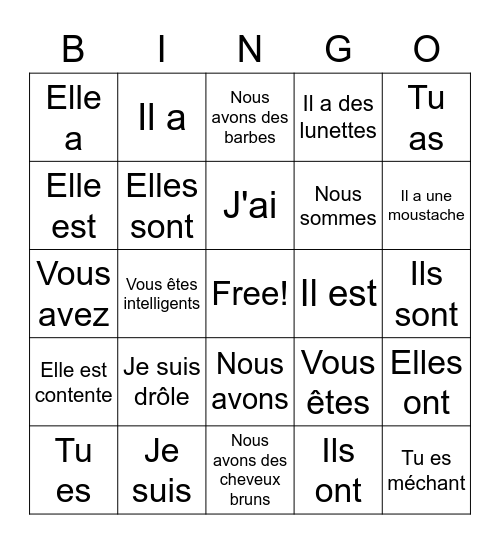 Avoir and Être Bingo Card